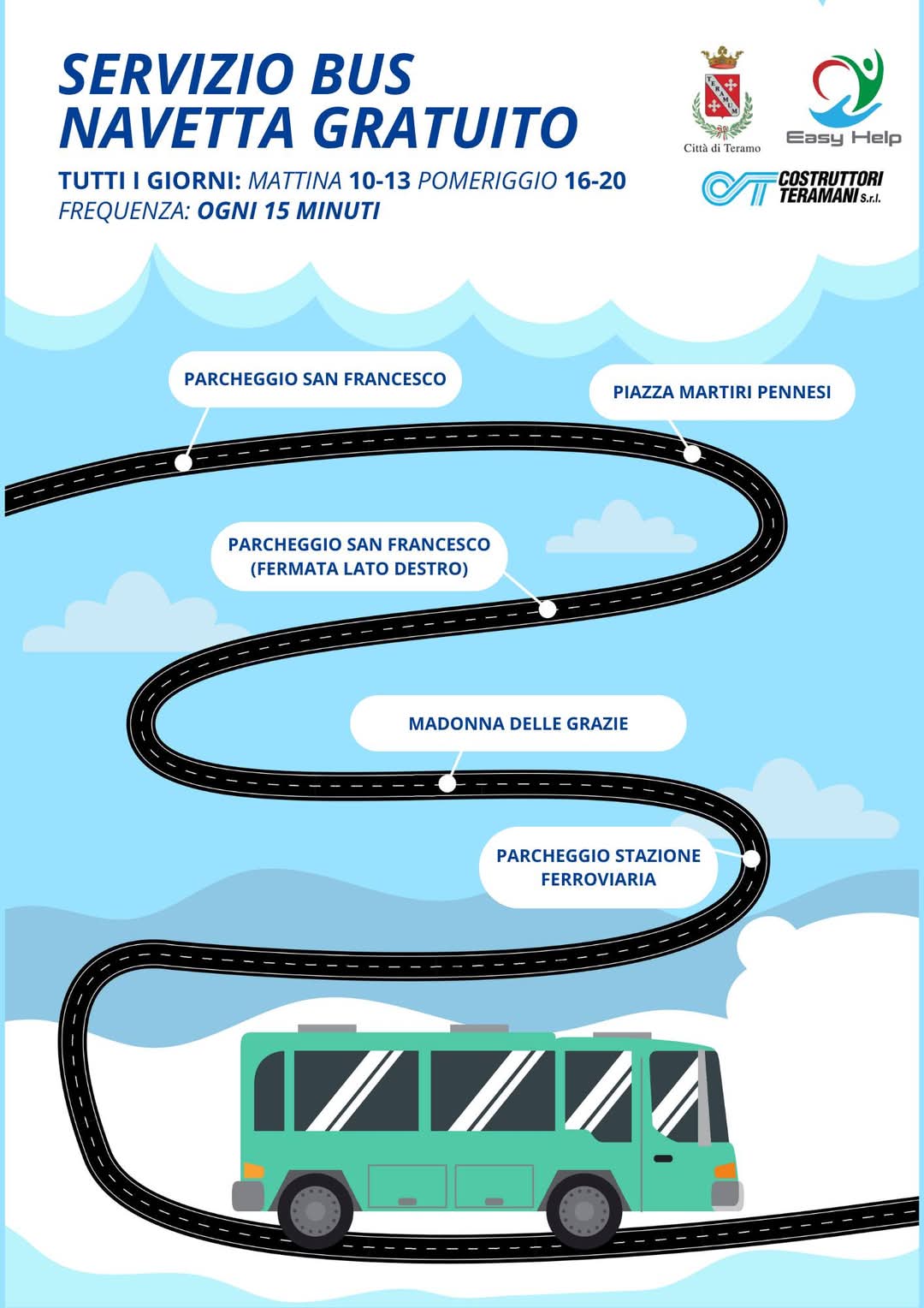 Teramo. Bus Navetta gratuito da e per i parcheggi esterni