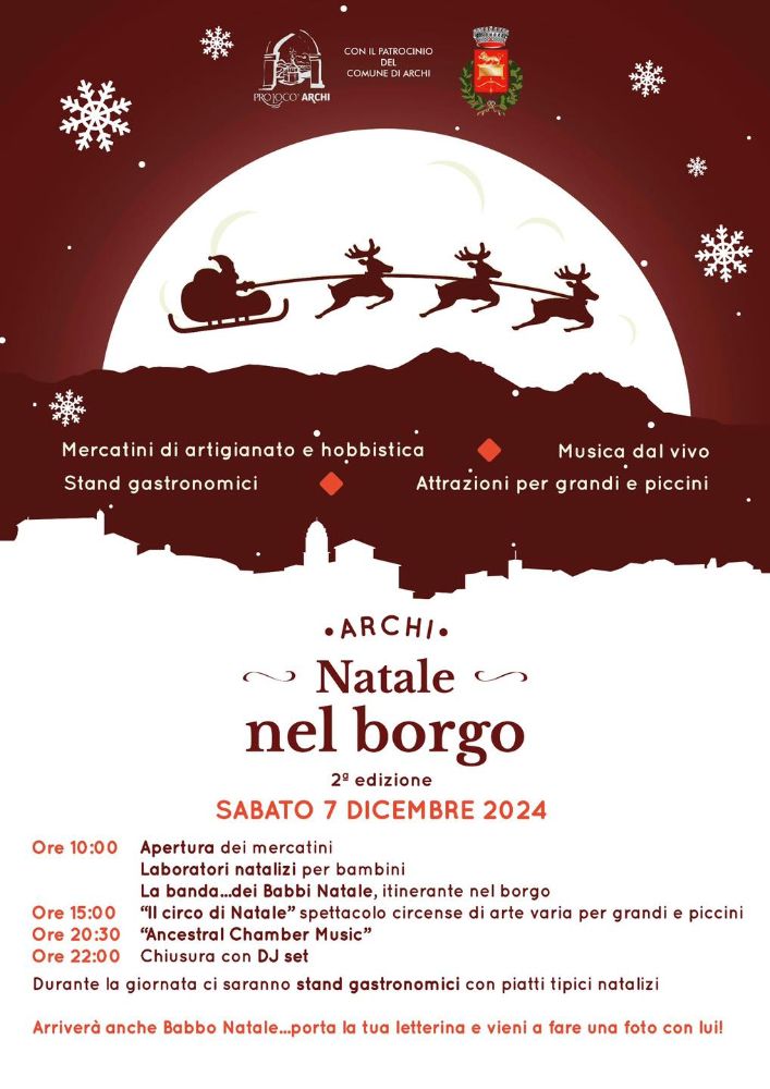 Sabato 7 dicembre, ad Archi, la 2^ edizione del “Natale Nel Borgo”. Gastronomia, spettacoli e beneficenza
