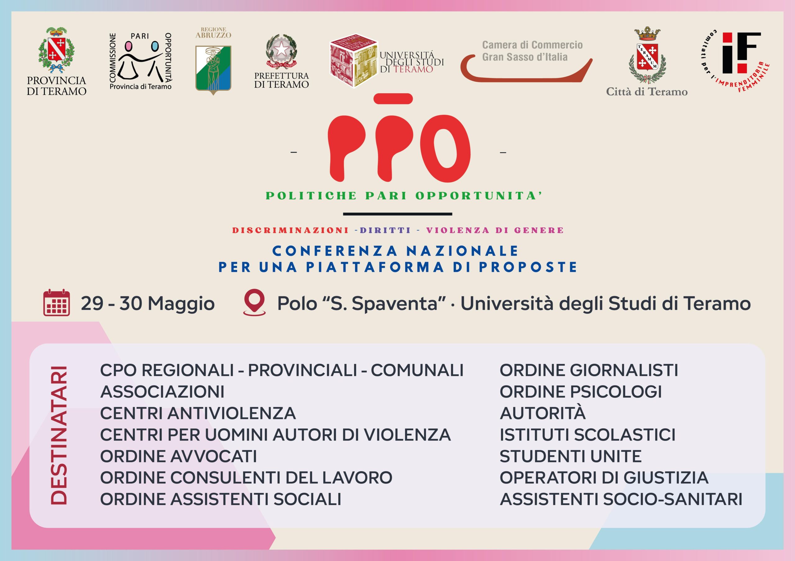 Politiche Pari Opportunità. Discriminazioni-Diritti-Violenza di Genere.Conferenza nazionale a teramo per una piattaforma di proposte