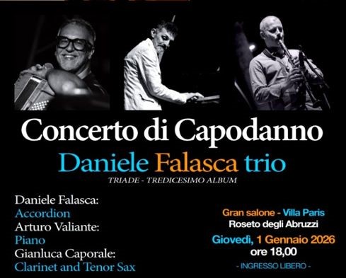 Roseto saluta il 2026 con il jazz d’autore: a Villa Paris il Concerto di Capodanno del Daniele Falasca Trio
