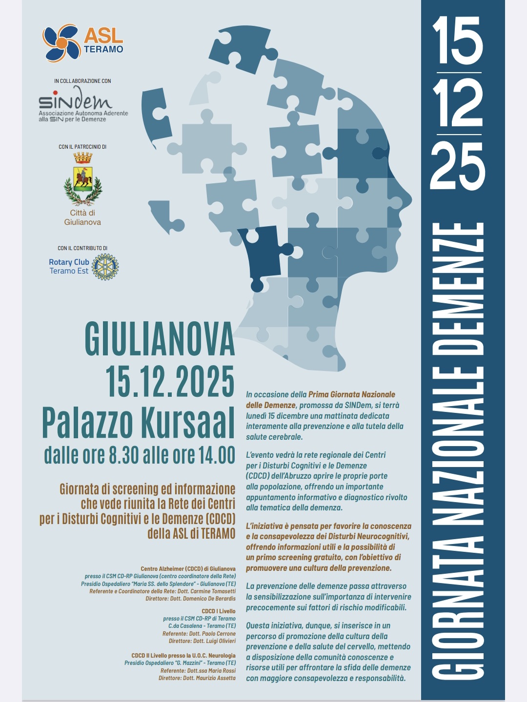 Asl di Teramo, una mattinata di prevenzione e screening per le demenze