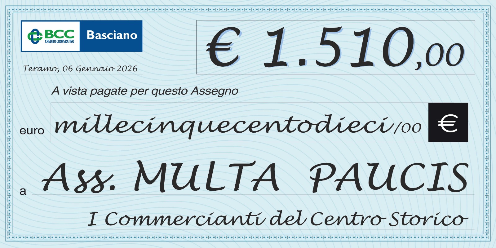 I commercianti del Centro: Epifania di solidarietà, assegno da 1510 euro alla mensa Multa Paucis