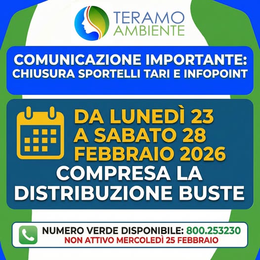 Sportelli TARI chiusi per aggiornamento tecnico dal 23 al 28 febbraio