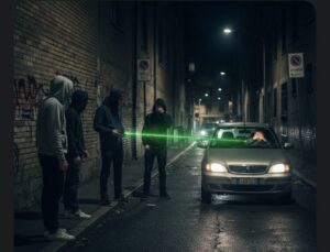 Le puntano un laser sugli occhi. Donna alla guida sbanda e finisce contro un marciapiede