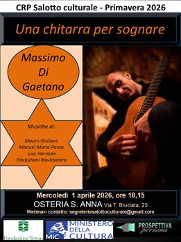 Il chitarrista Massimo Di Gaetano in concerto all’Osteria S. Anna, Il nuovo appuntamento promosso dal CRP Salotto Culturale