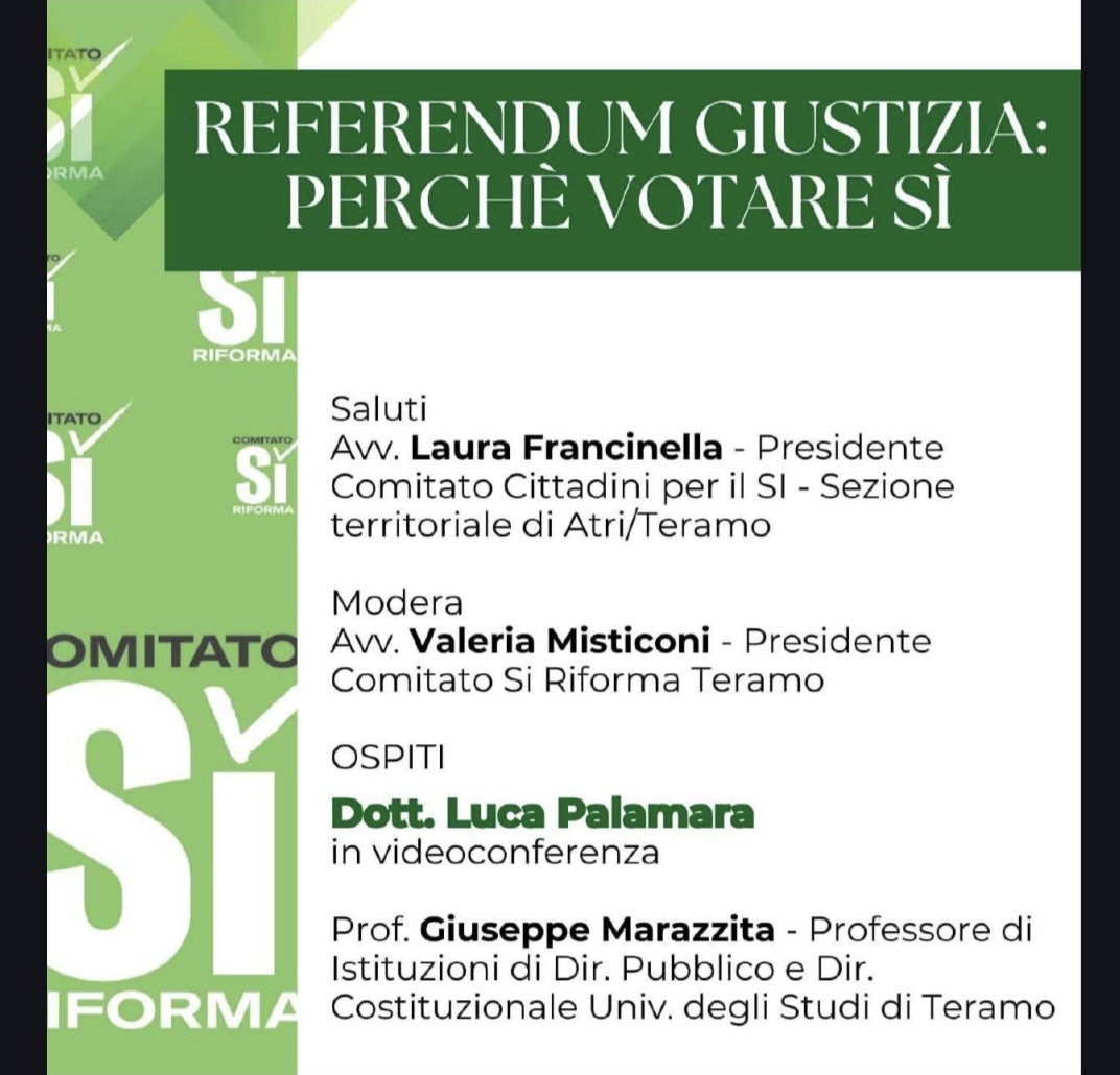Riforma della giustizia: ad Atri un incontro sulle ragioni del SÌ al referendum
