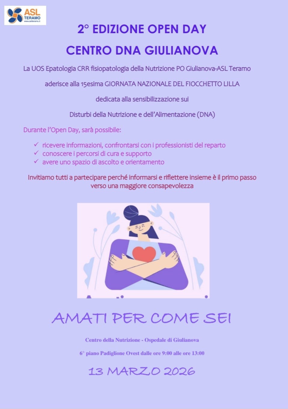 ASL Teramo. Giornata del Fiocchetto lilla per il Contrasto ai disturbi alimentari: i percorsi di cura e l’open day a Giulianova
