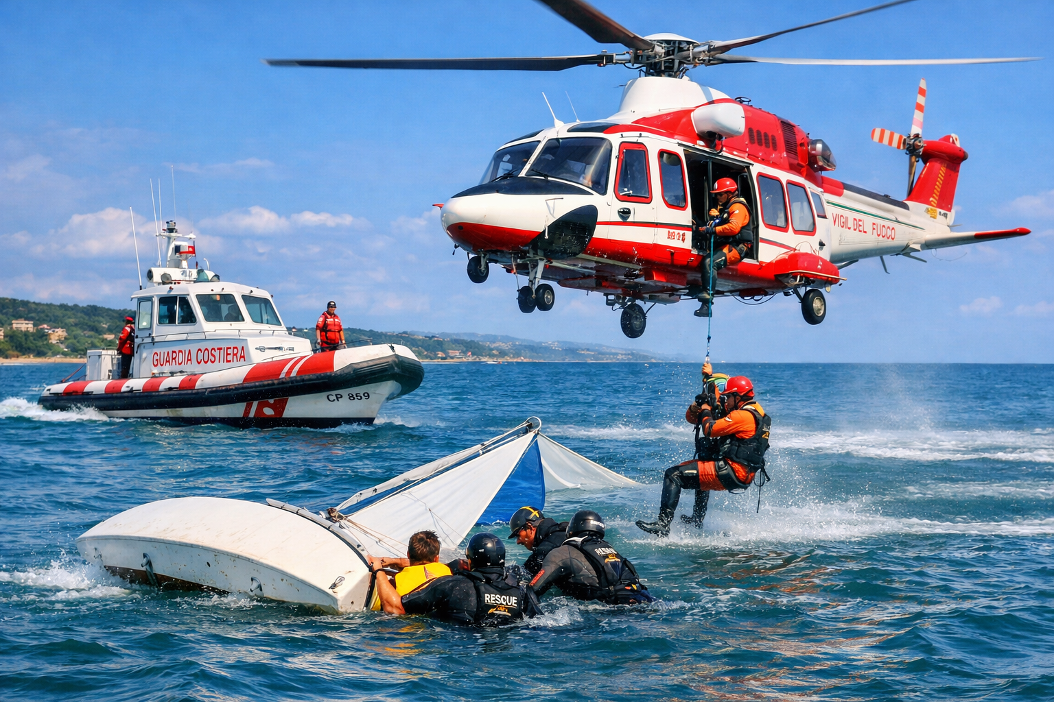 troppo vento e la barca “scuffia”. Uomo recuperato dal mare con l’elicottero. Ma si affaccia anche un’altra versione
