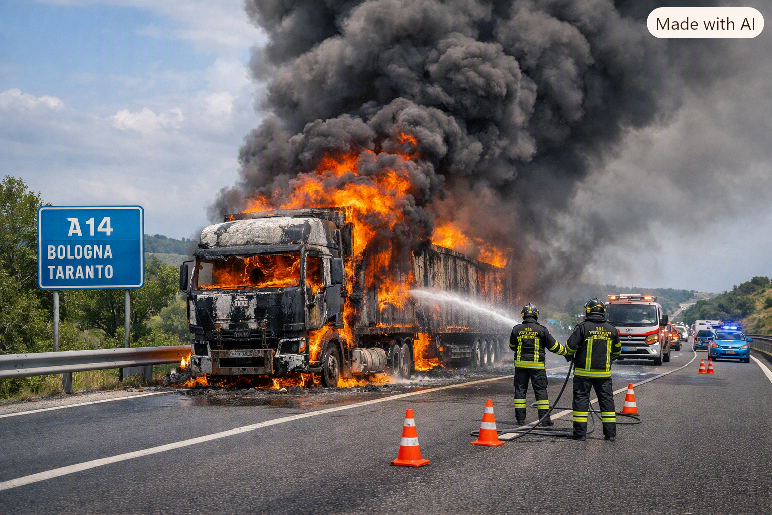 A fuoco camion sulla A14 tra Val di Sangro e Lanciano: tratto chiuso e poi riaperto. Lunga coda