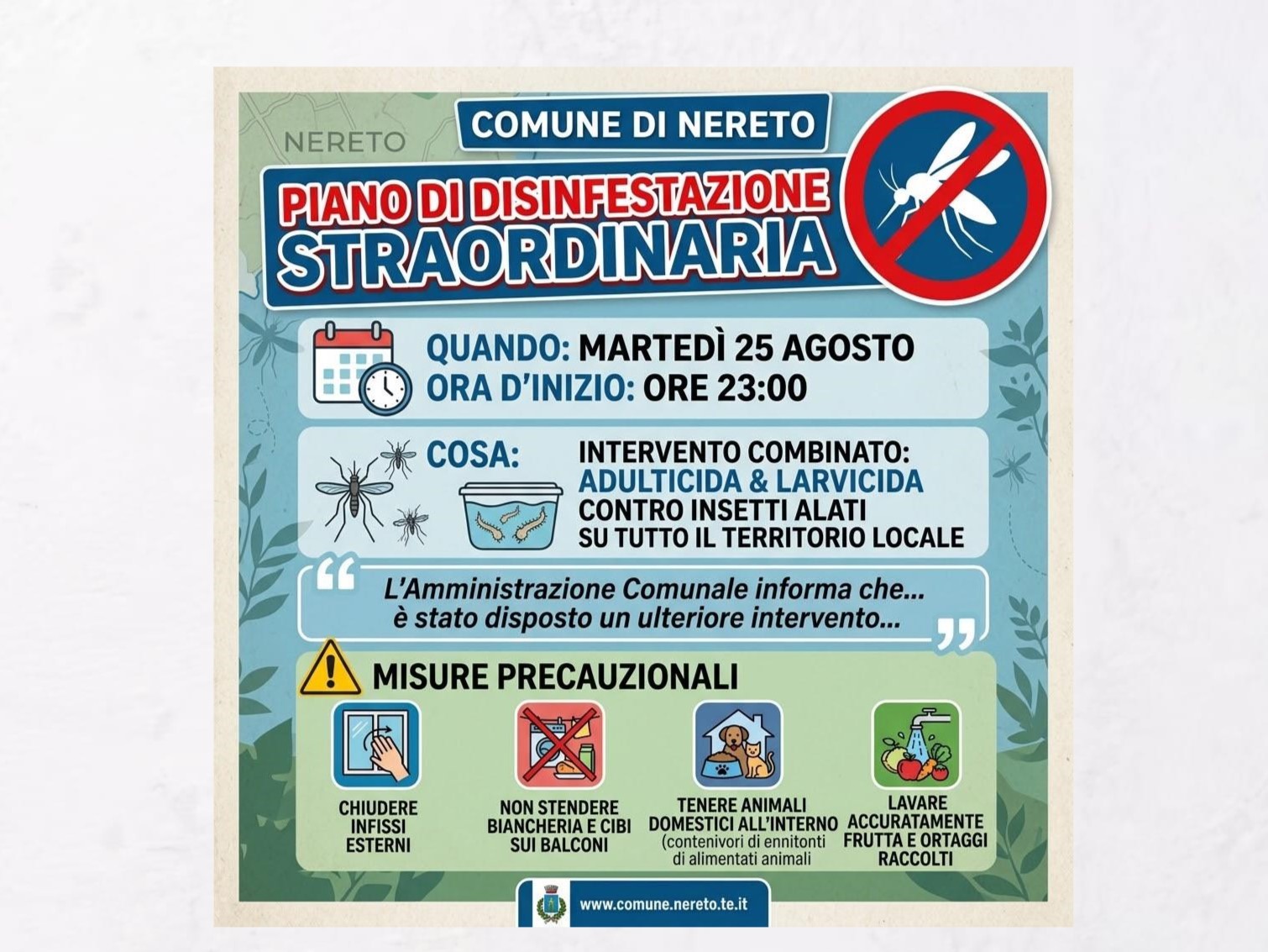 Nereto. Lotta alle zanzare, martedì notte scatta il piano di disinfestazione. I consigli ai cittadini