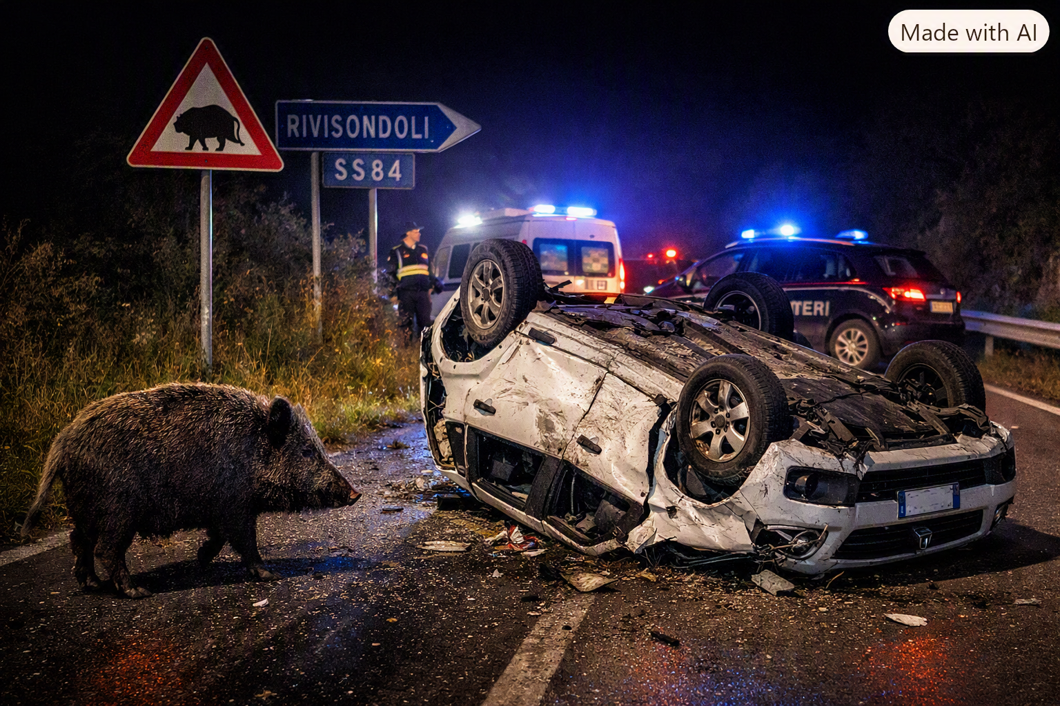 Si ribalta sei volte con l’auto per evitare un cinghiale: bambino in codice rosso