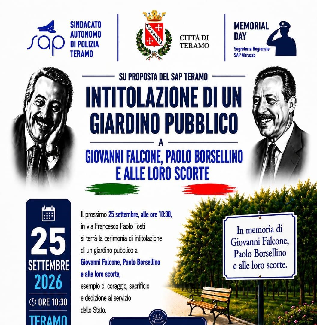 Memorial Day SAP 2026: Un parco della memoria a Teramo per Falcone,Borsellino e le loro scorte