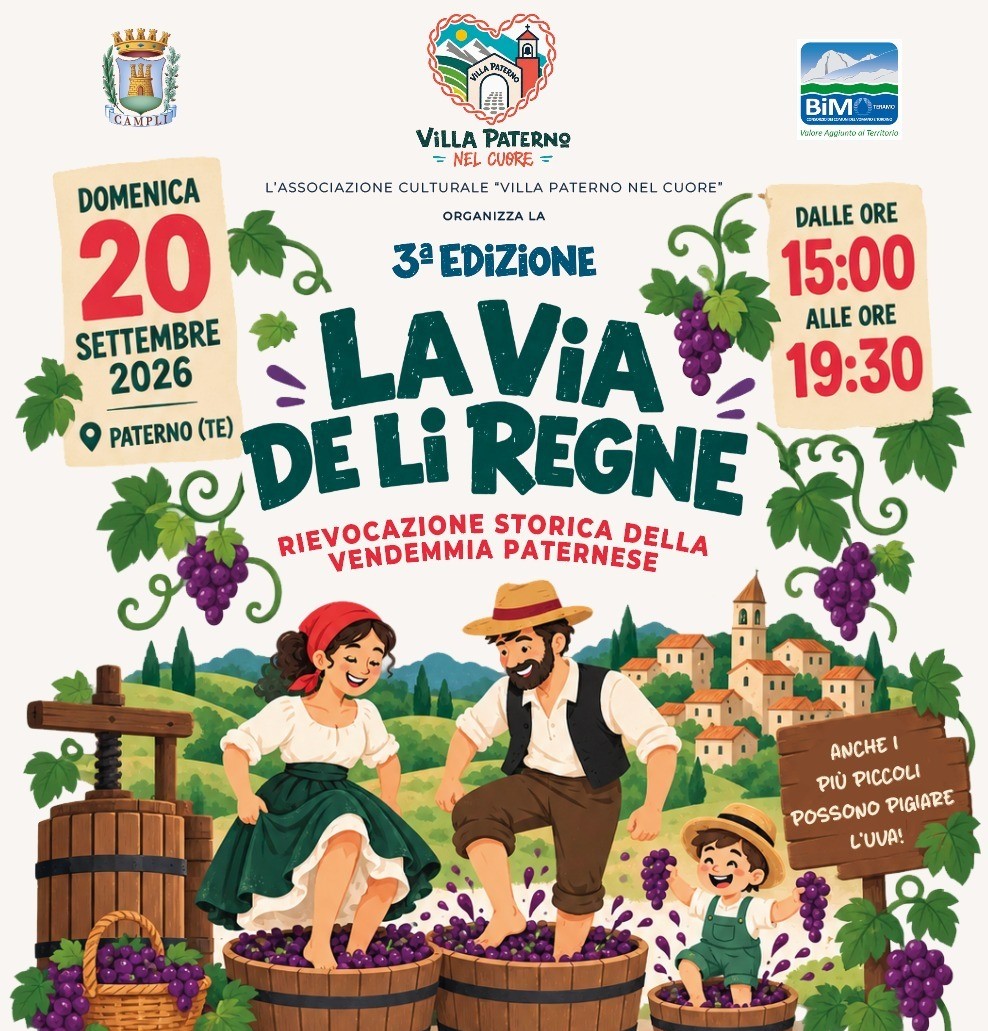 Domenica a Paterno di Campli “La via de li Regne”: rievocazione storica della vendemmia paternese, tra musica, gastronomia e intrattenimento
